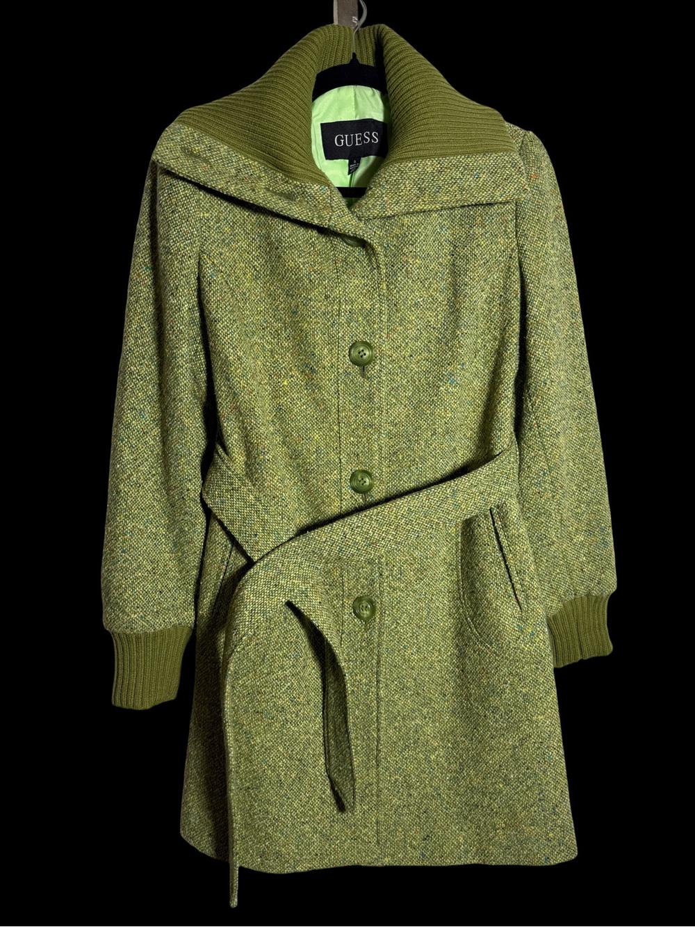 GUESS Olive Green Tweed Belted Knit-Blend Long Cardigan Coat
